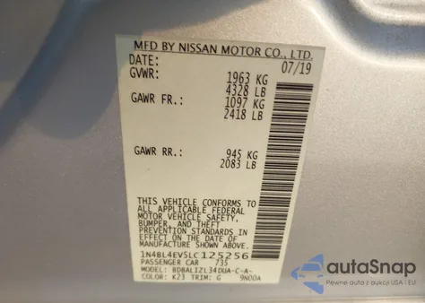 2020 Nissan Altima Sl Fwd z USA, uszkodzony, nr VIN 1N4BL4EV5LC125256